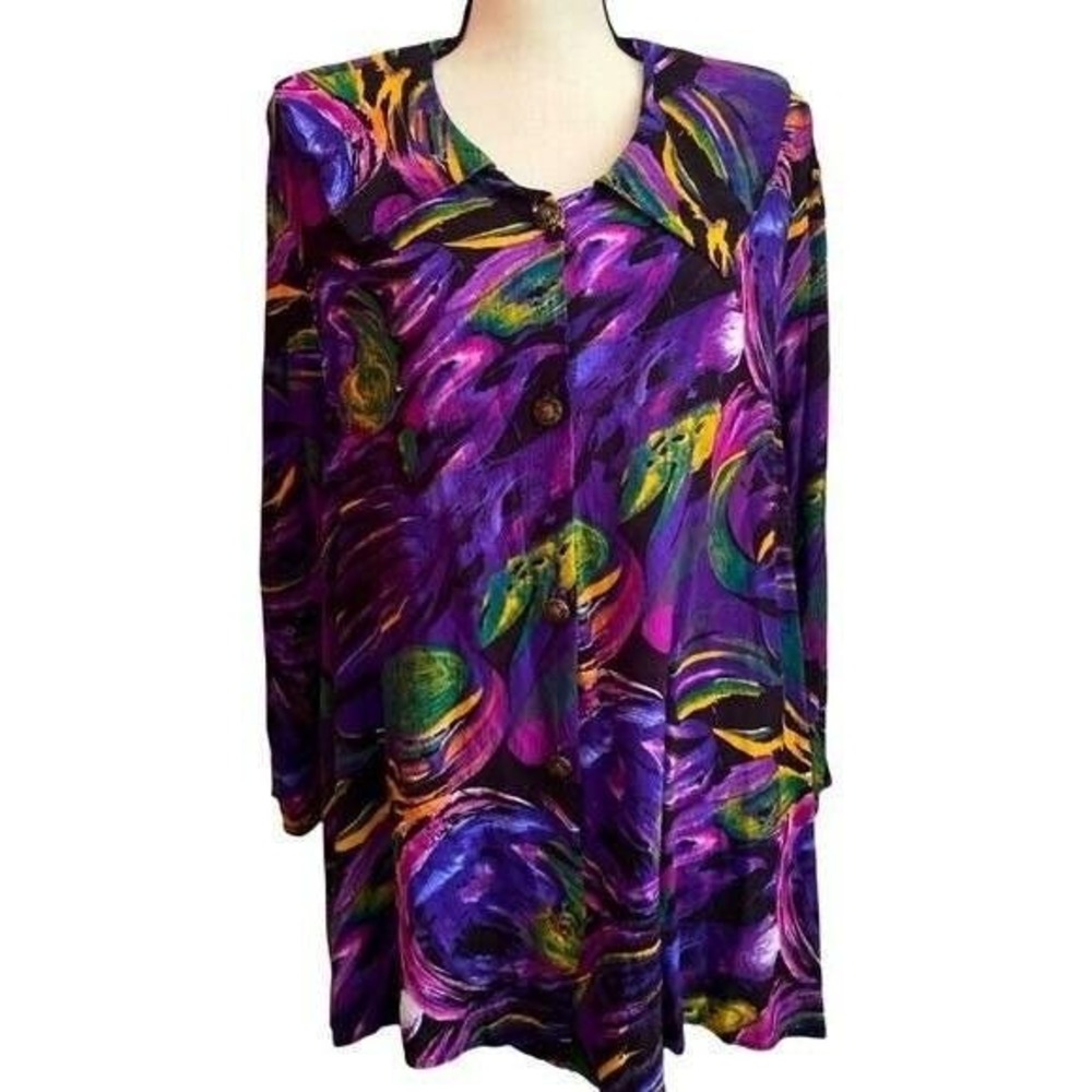 Womens Abstract Painterly Print Button Down Tunic Blouse Purple XL - Picture 4 of 8
